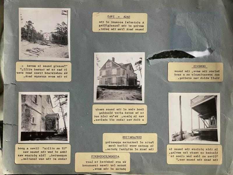 A page from a book shows how the family home of Dr. Helen Taussig was moved back from an eroding sand bluff on Cape Cod in Massachusetts. (Photo courtesy of Mary Henderson)